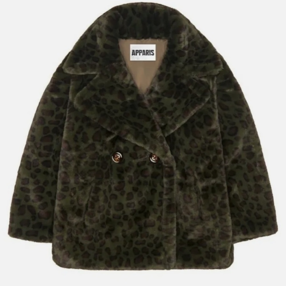 APPARIS Womens Size Small Amelia Faux Fur Oversized Coat Green Leopard